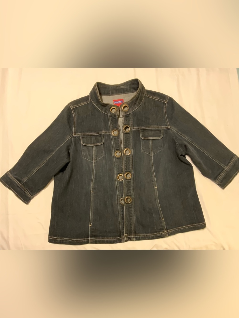 Westport Woman Plus Size Denim Jacket Dark Wash Grommets Standing Collar 18/20
